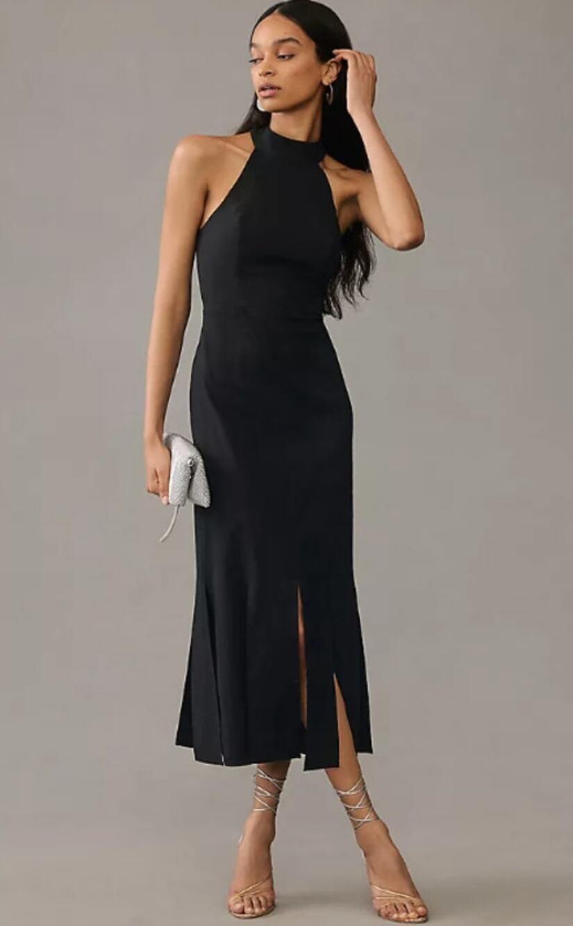 Anthropologie Halter Slit Fringe Midi Dress Sleeveless Linen Cotton Blend Black